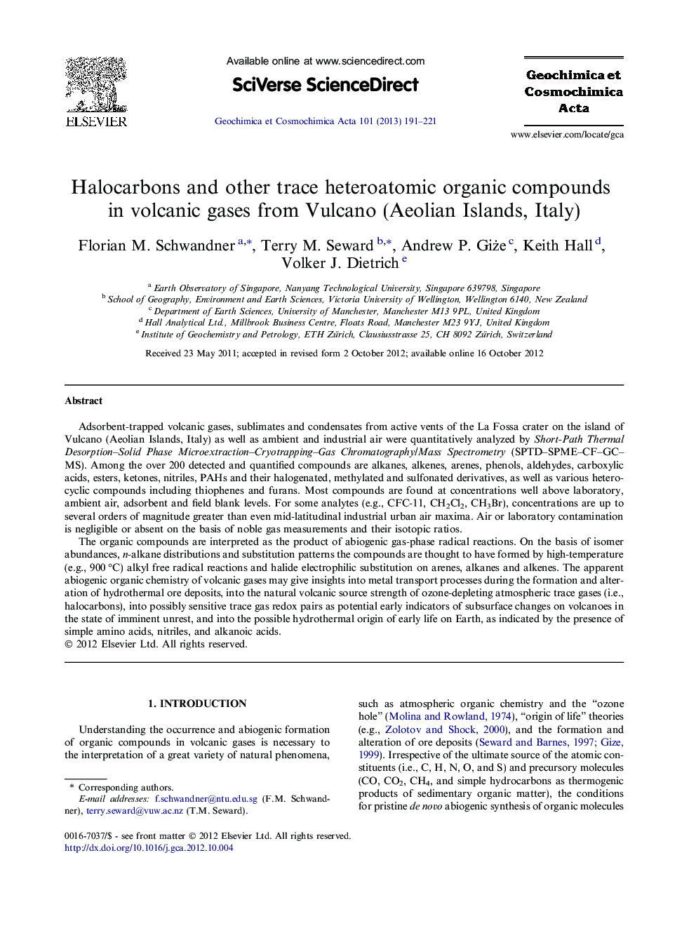 Halocarbons and other trace heteroatomic organic compounds in volcanic gases from Vulcano (Aeolian Islands, Italy)