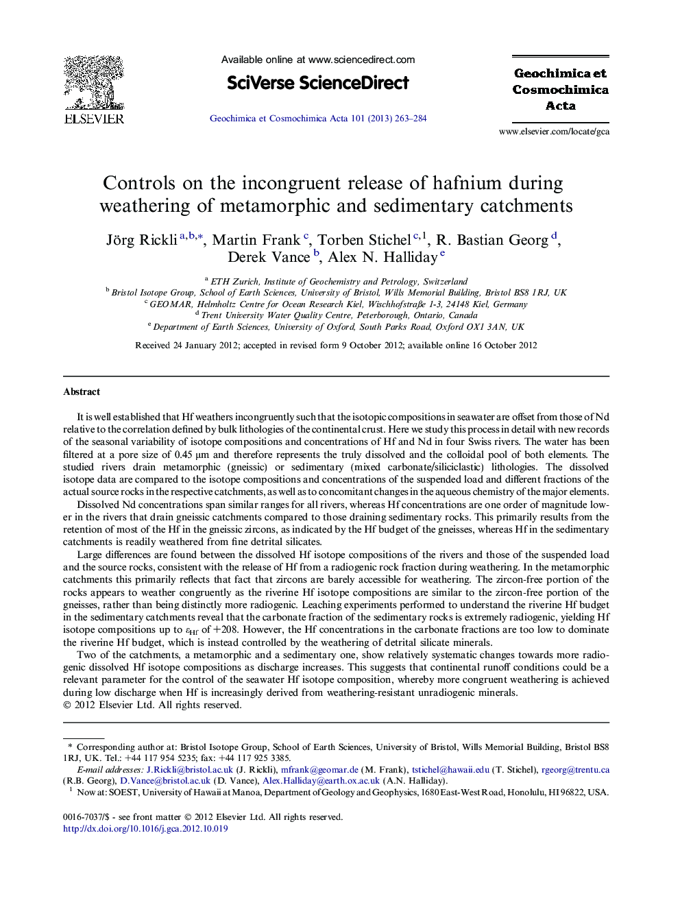 Controls on the incongruent release of hafnium during weathering of metamorphic and sedimentary catchments