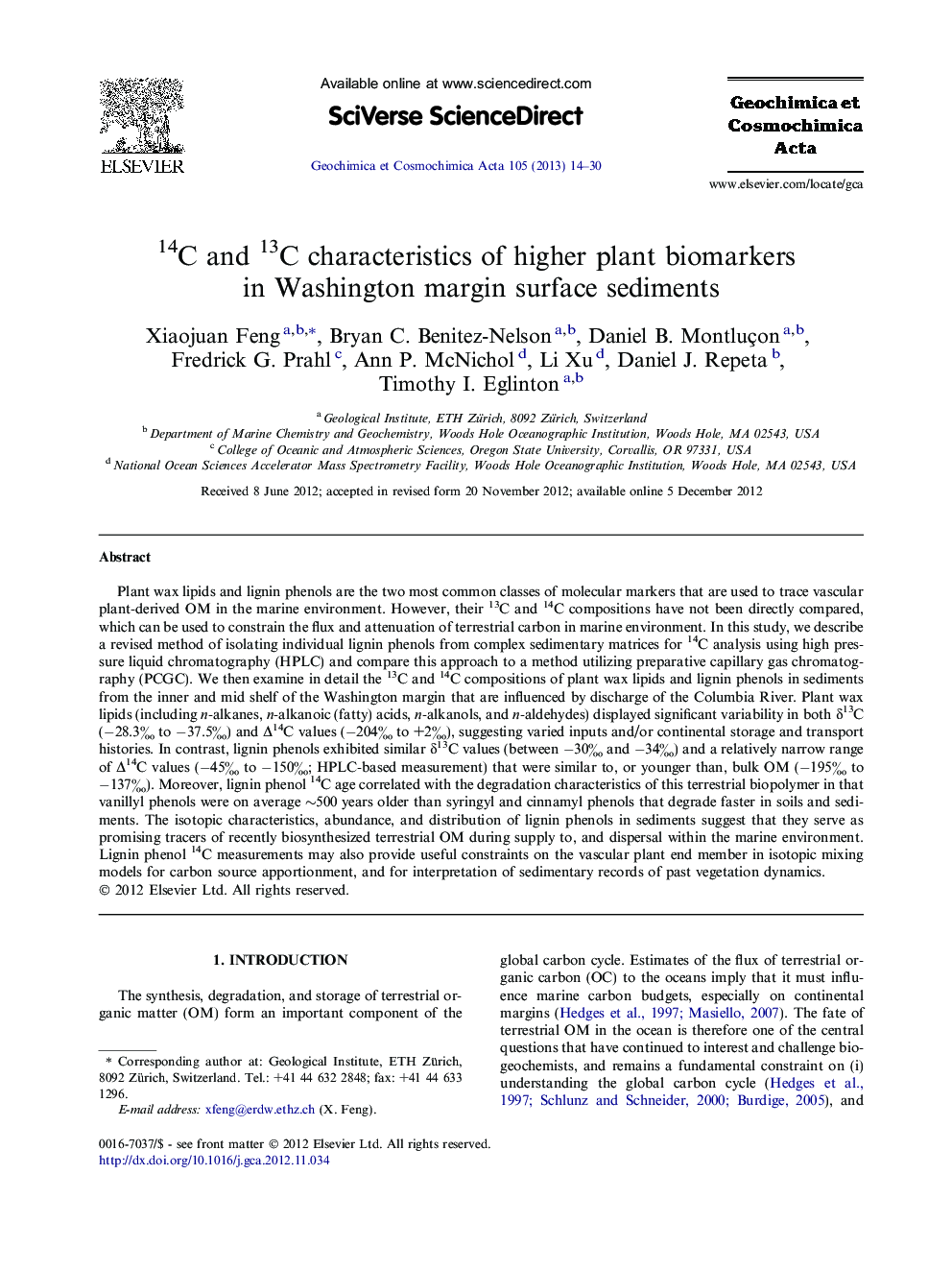 14C and 13C characteristics of higher plant biomarkers in Washington margin surface sediments