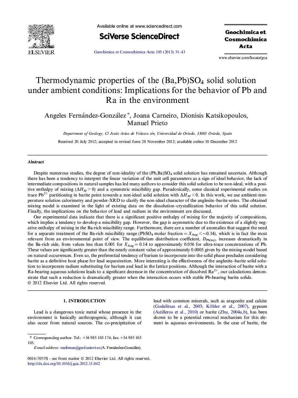 Thermodynamic properties of the (Ba,Pb)SO4 solid solution under ambient conditions: Implications for the behavior of Pb and Ra in the environment