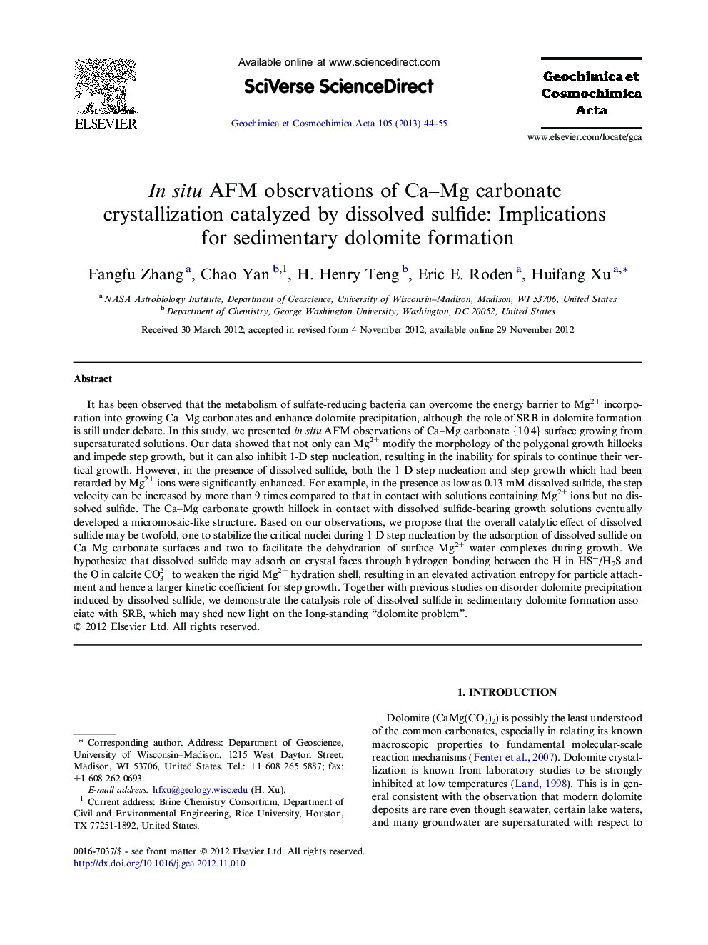 In situ AFM observations of Ca–Mg carbonate crystallization catalyzed by dissolved sulfide: Implications for sedimentary dolomite formation