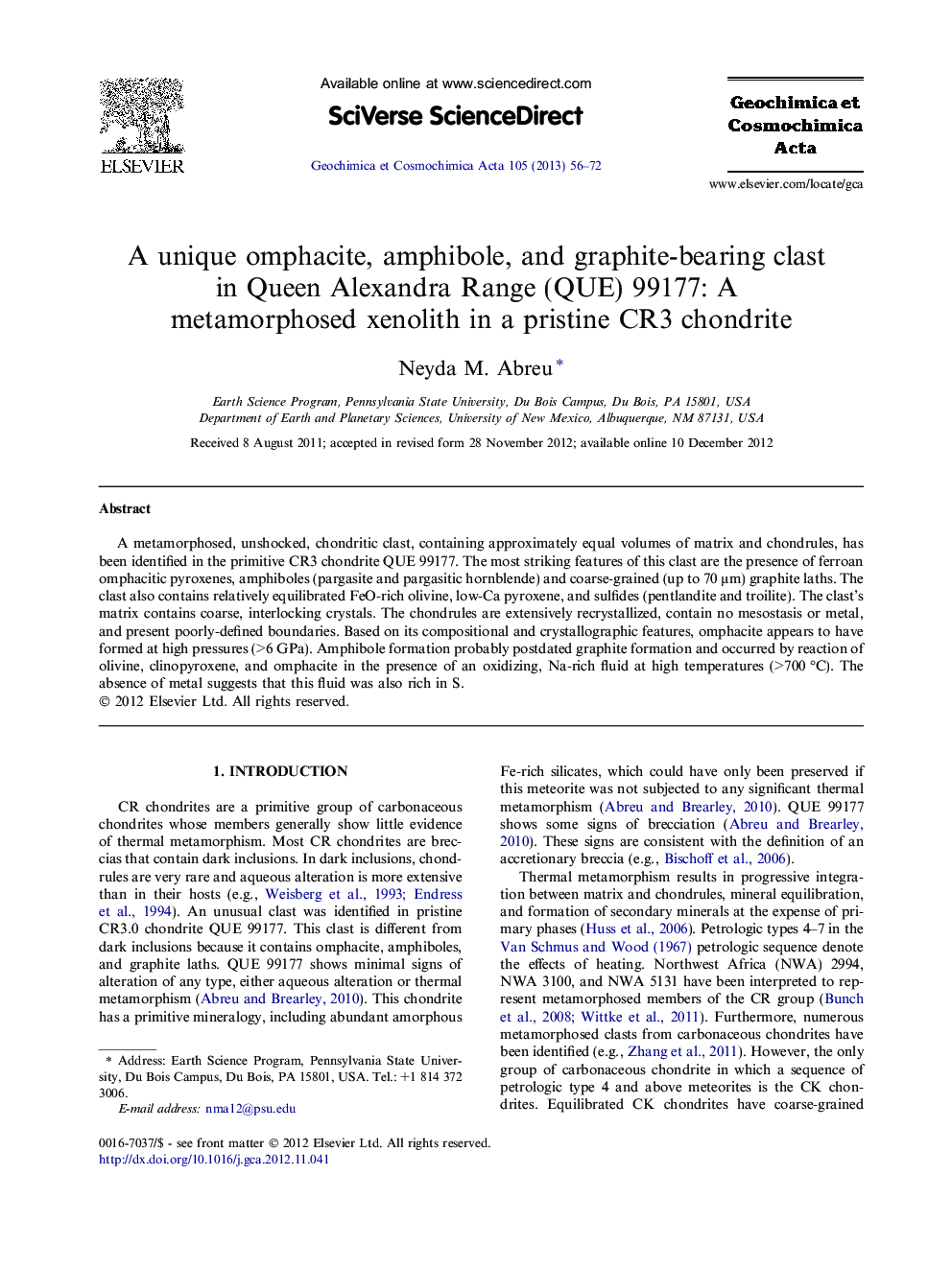 A unique omphacite, amphibole, and graphite-bearing clast in Queen Alexandra Range (QUE) 99177: A metamorphosed xenolith in a pristine CR3 chondrite
