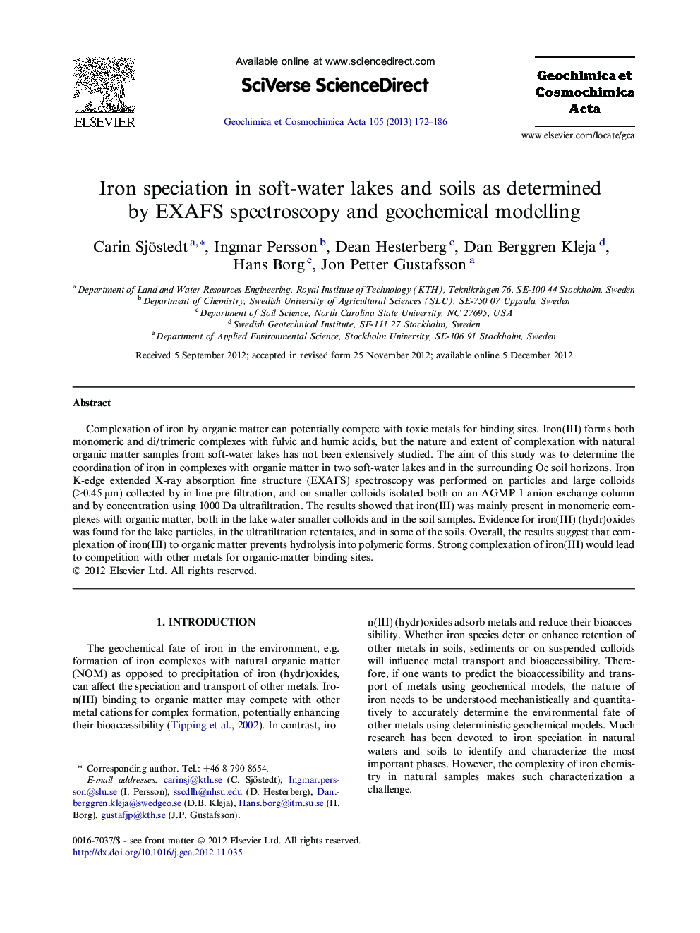 Iron speciation in soft-water lakes and soils as determined by EXAFS spectroscopy and geochemical modelling