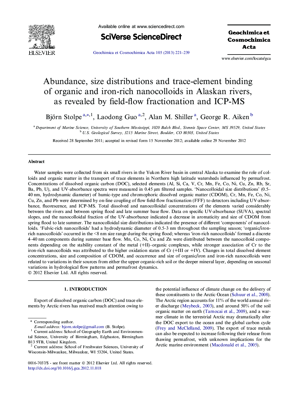 Abundance, size distributions and trace-element binding of organic and iron-rich nanocolloids in Alaskan rivers, as revealed by field-flow fractionation and ICP-MS