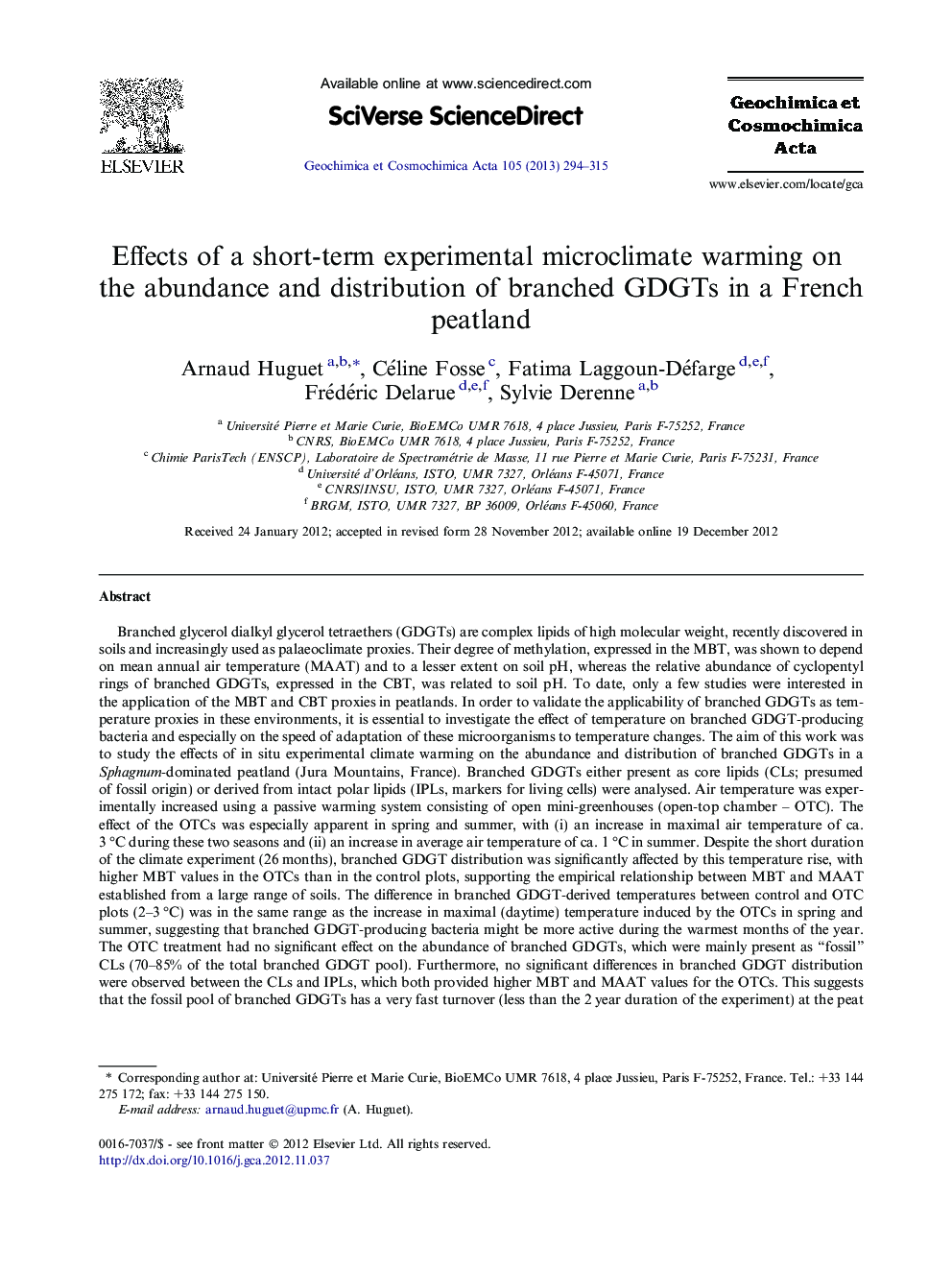 Effects of a short-term experimental microclimate warming on the abundance and distribution of branched GDGTs in a French peatland