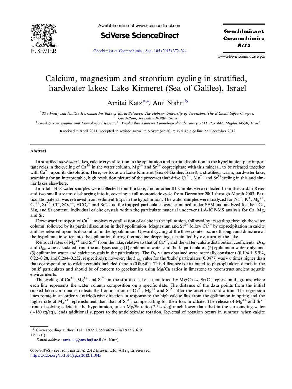 Calcium, magnesium and strontium cycling in stratified, hardwater lakes: Lake Kinneret (Sea of Galilee), Israel