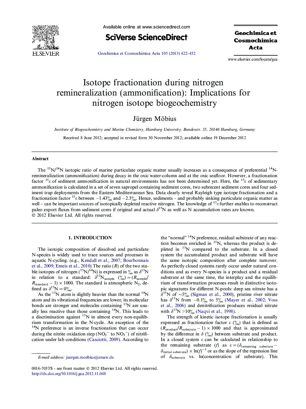 Isotope fractionation during nitrogen remineralization (ammonification): Implications for nitrogen isotope biogeochemistry