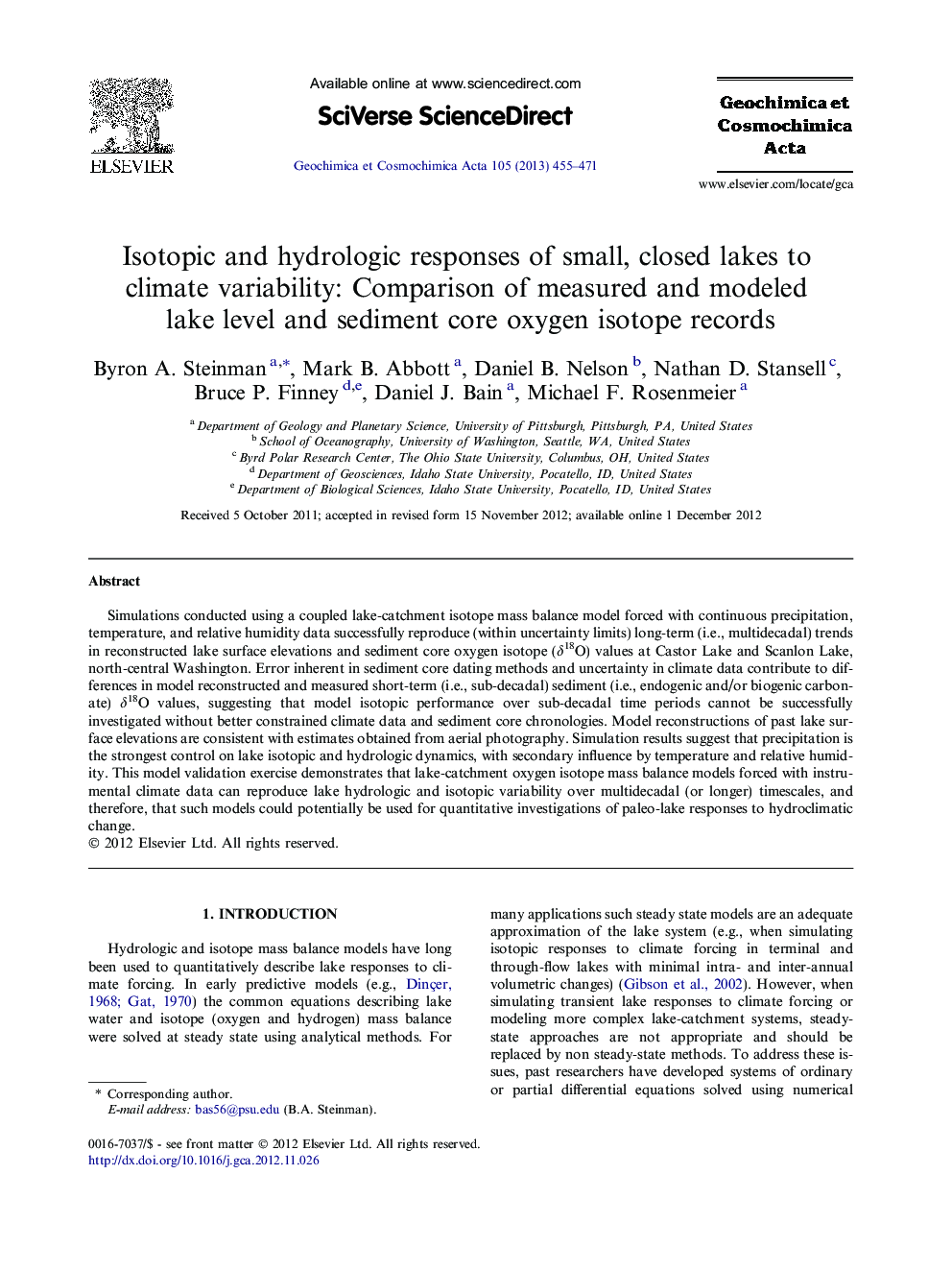 Isotopic and hydrologic responses of small, closed lakes to climate variability: Comparison of measured and modeled lake level and sediment core oxygen isotope records