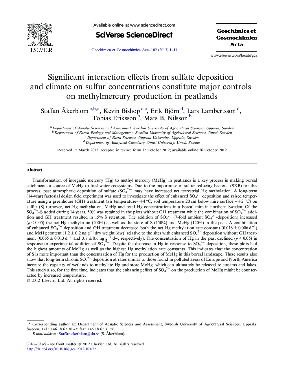 Significant interaction effects from sulfate deposition and climate on sulfur concentrations constitute major controls on methylmercury production in peatlands