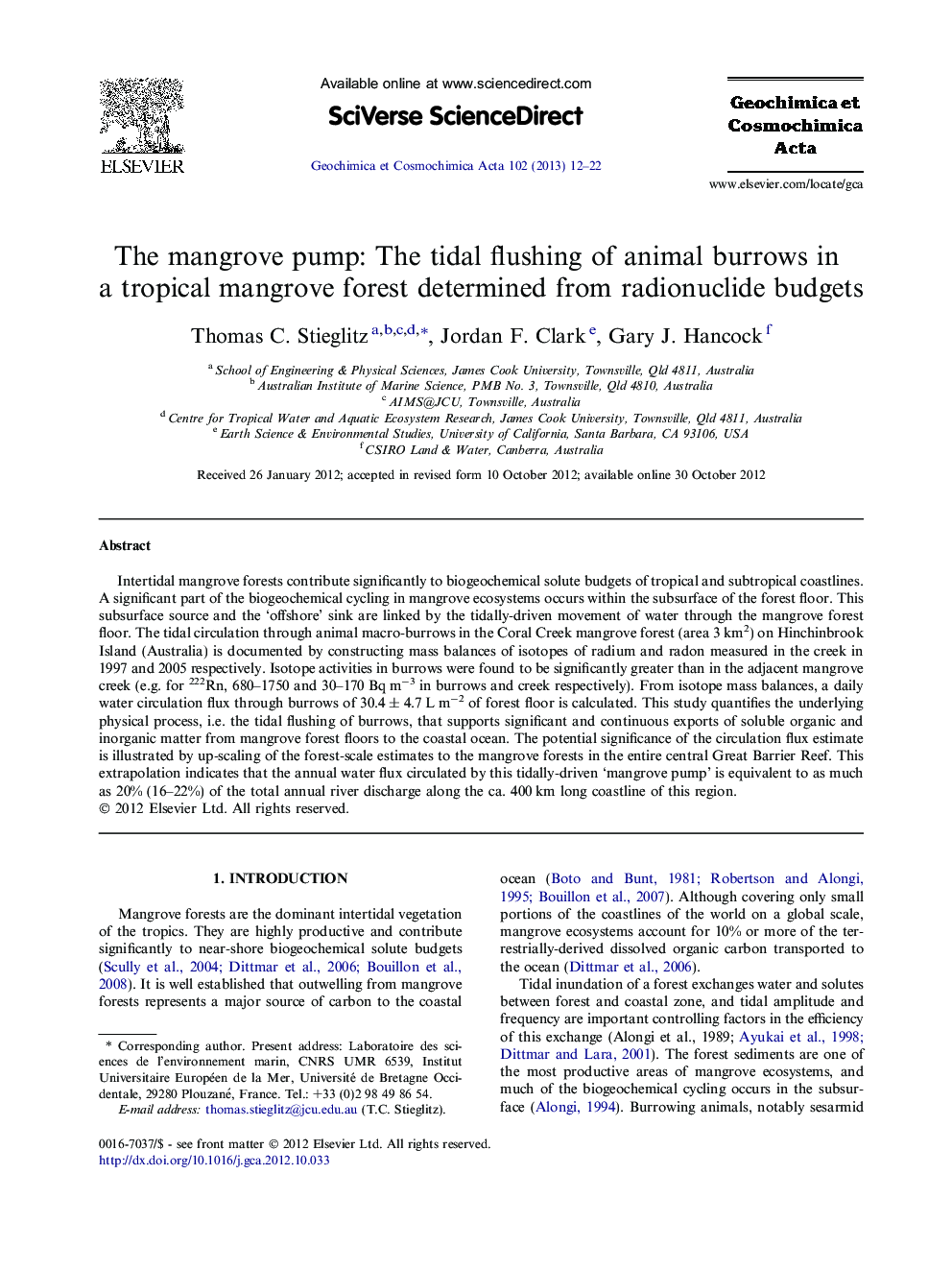 The mangrove pump: The tidal flushing of animal burrows in a tropical mangrove forest determined from radionuclide budgets