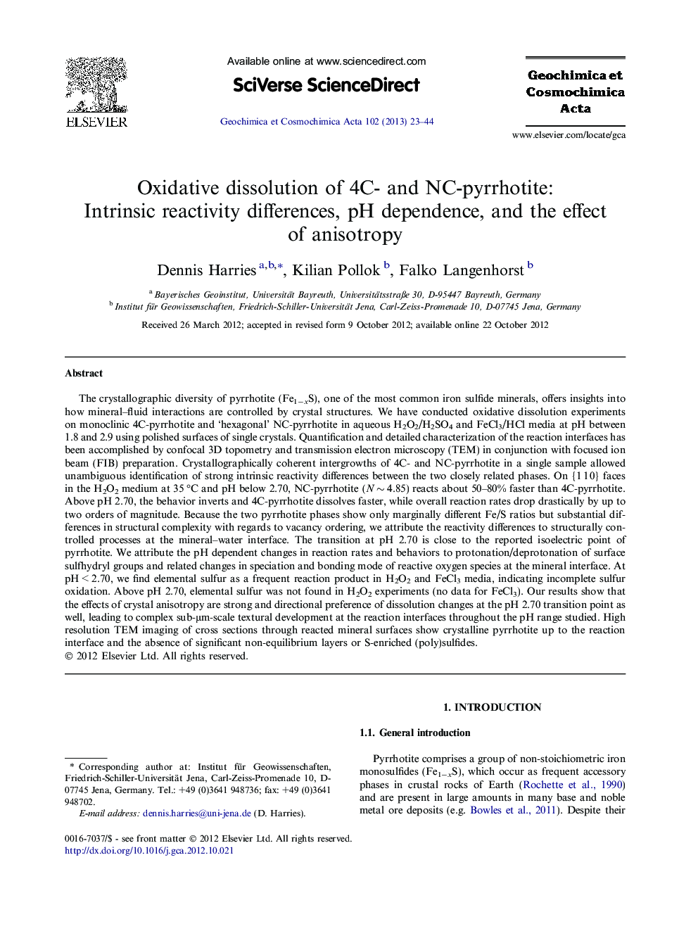 Oxidative dissolution of 4C- and NC-pyrrhotite: Intrinsic reactivity differences, pH dependence, and the effect of anisotropy