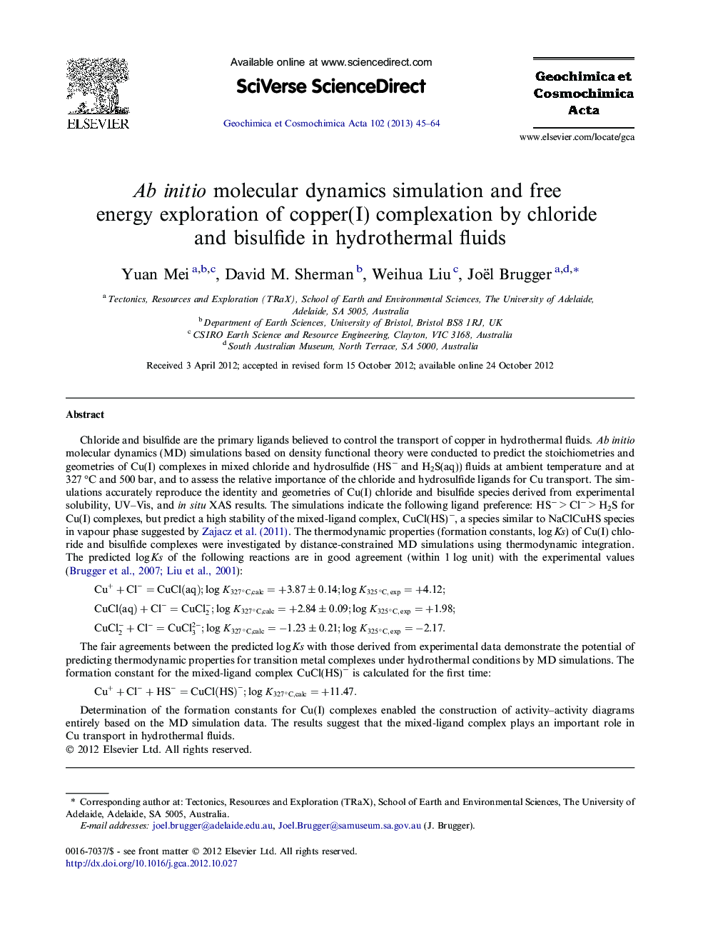 Ab initio molecular dynamics simulation and free energy exploration of copper(I) complexation by chloride and bisulfide in hydrothermal fluids