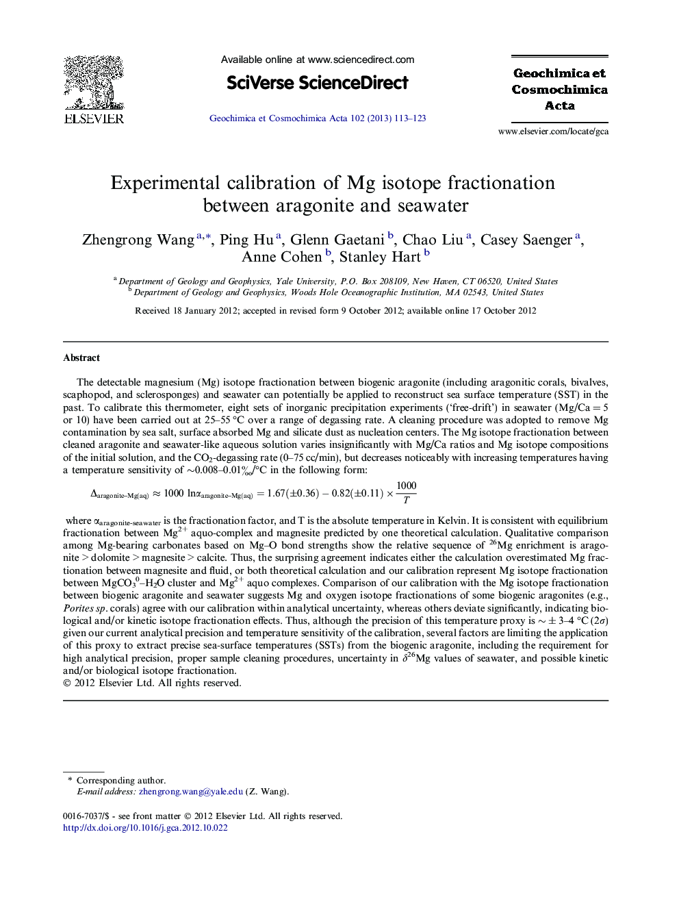 Experimental calibration of Mg isotope fractionation between aragonite and seawater