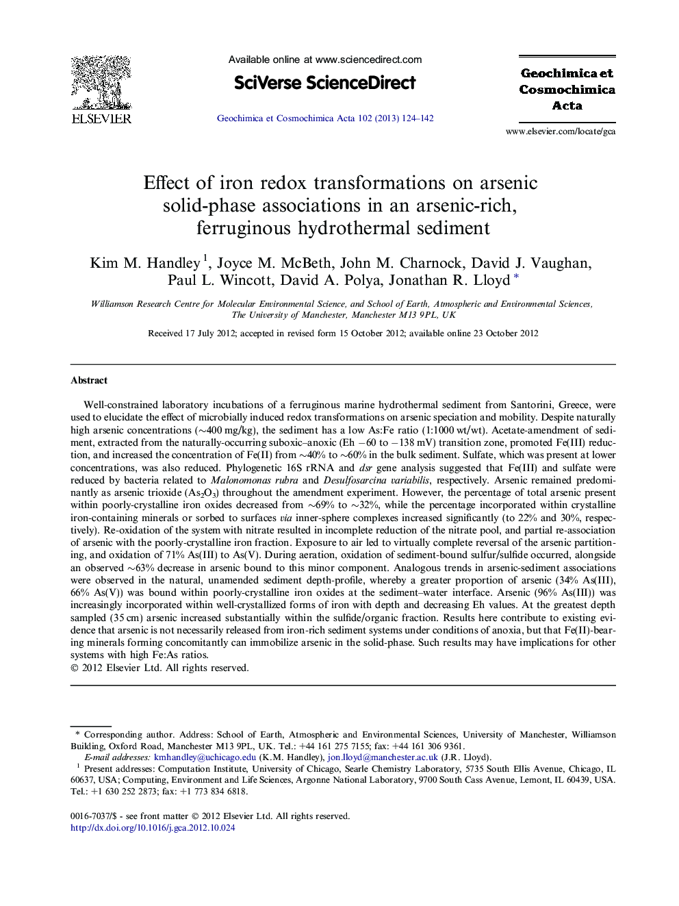 Effect of iron redox transformations on arsenic solid-phase associations in an arsenic-rich, ferruginous hydrothermal sediment