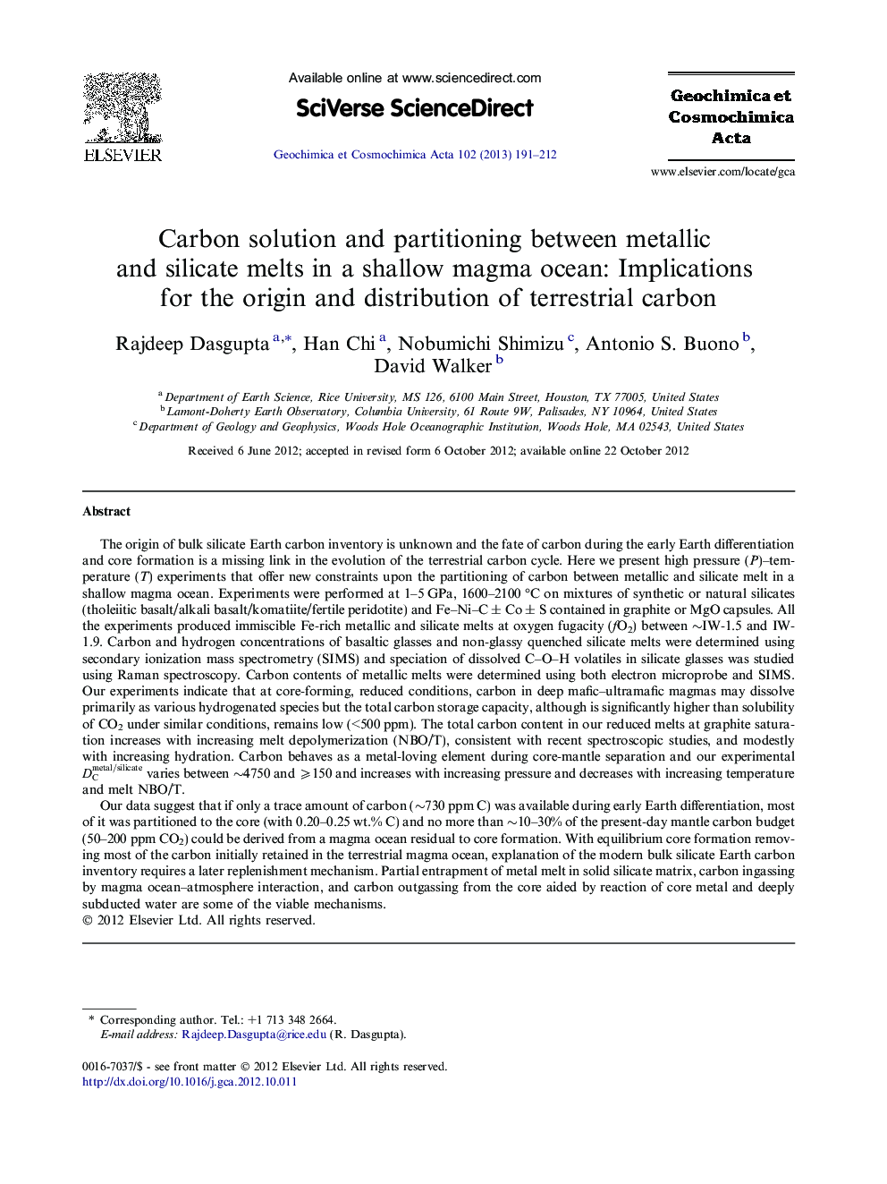 Carbon solution and partitioning between metallic and silicate melts in a shallow magma ocean: Implications for the origin and distribution of terrestrial carbon