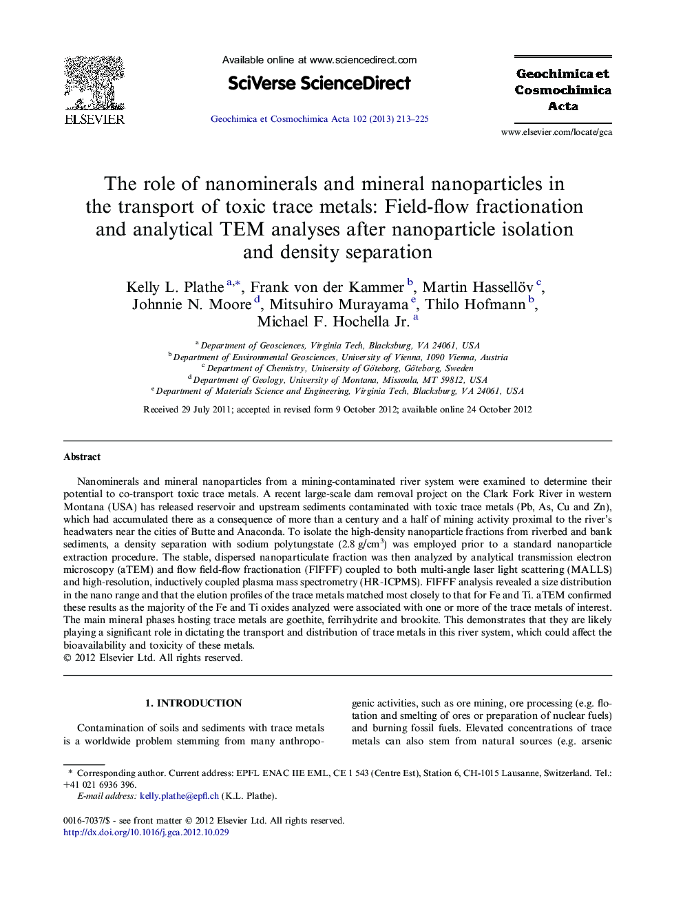 The role of nanominerals and mineral nanoparticles in the transport of toxic trace metals: Field-flow fractionation and analytical TEM analyses after nanoparticle isolation and density separation