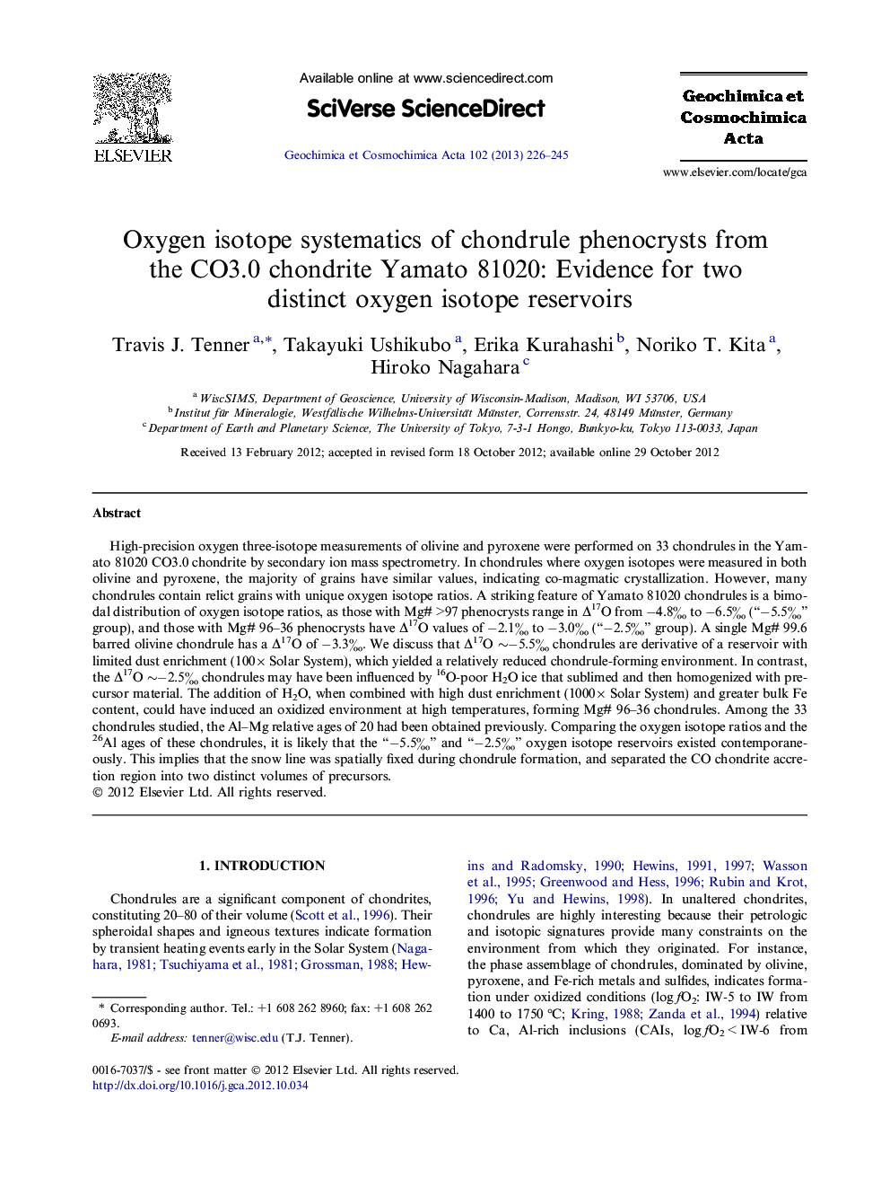 Oxygen isotope systematics of chondrule phenocrysts from the CO3.0 chondrite Yamato 81020: Evidence for two distinct oxygen isotope reservoirs