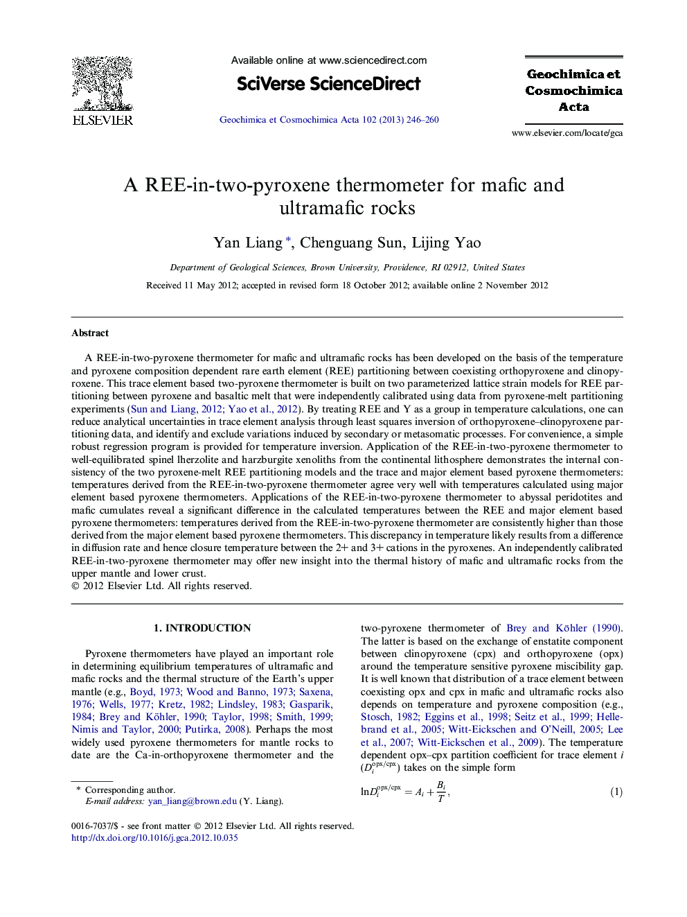 A REE-in-two-pyroxene thermometer for mafic and ultramafic rocks