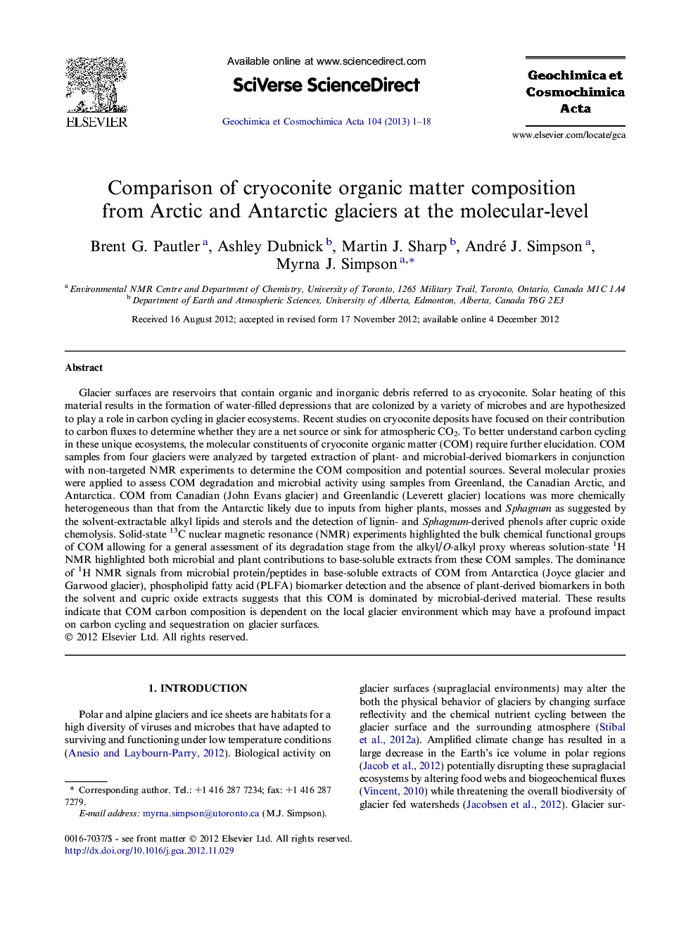 Comparison of cryoconite organic matter composition from Arctic and Antarctic glaciers at the molecular-level