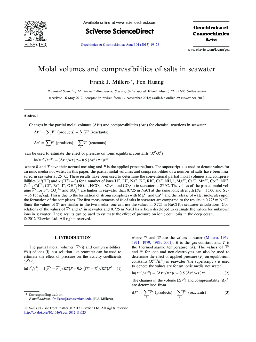 Molal volumes and compressibilities of salts in seawater