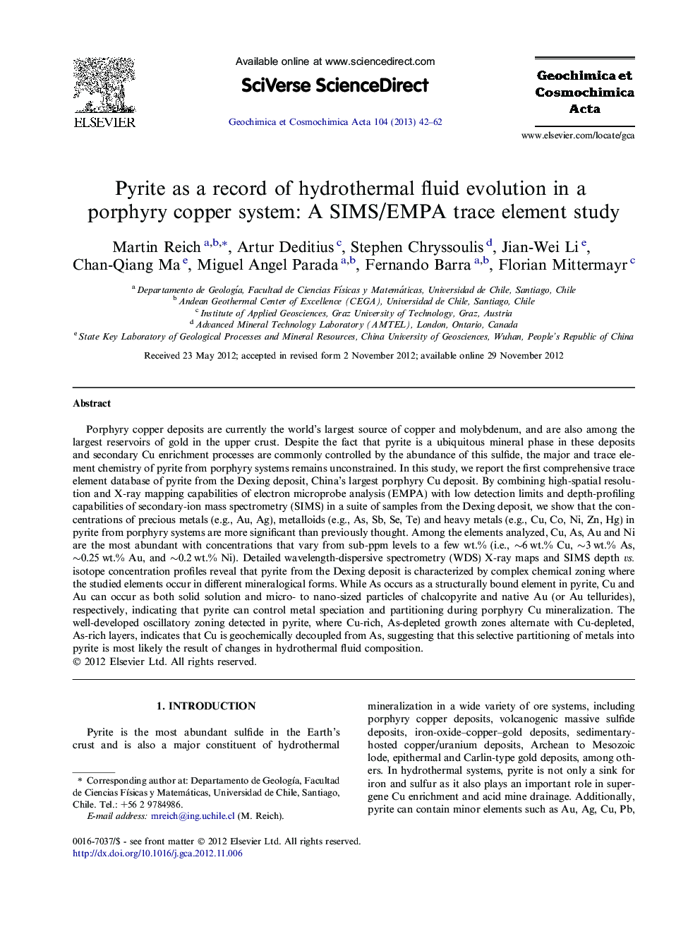 Pyrite as a record of hydrothermal fluid evolution in a porphyry copper system: A SIMS/EMPA trace element study