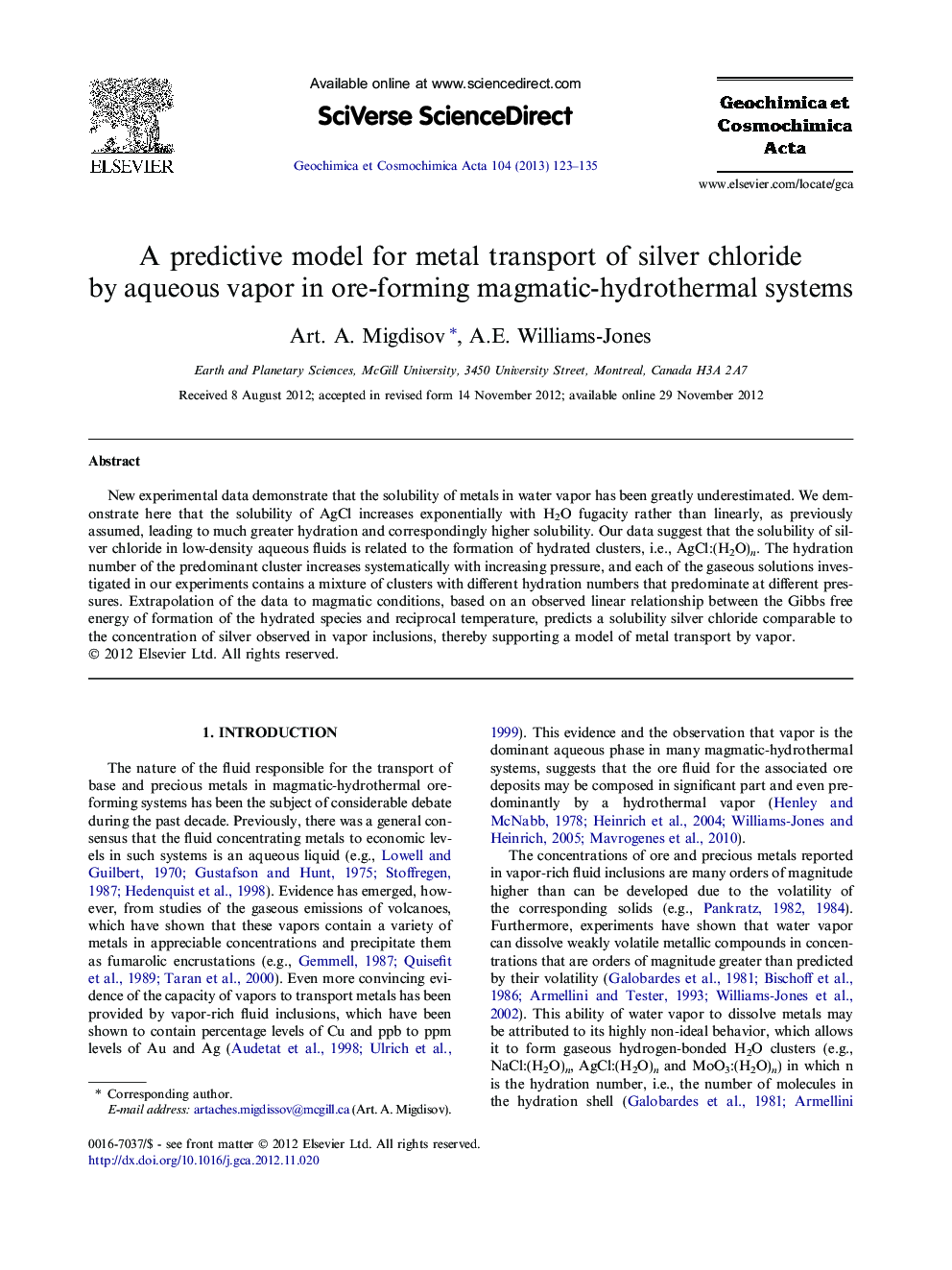 A predictive model for metal transport of silver chloride by aqueous vapor in ore-forming magmatic-hydrothermal systems