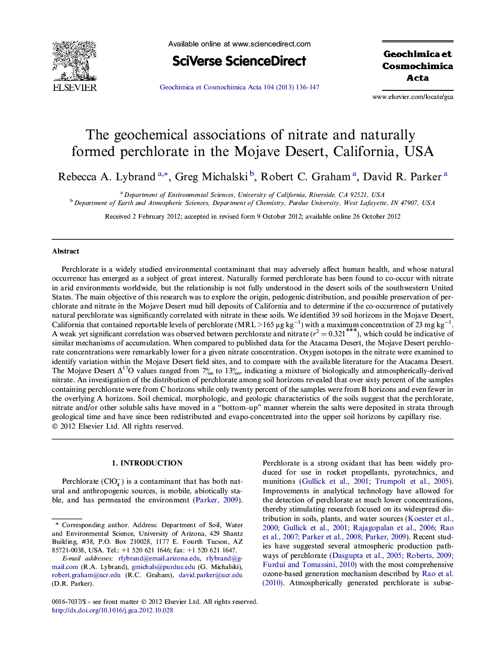 The geochemical associations of nitrate and naturally formed perchlorate in the Mojave Desert, California, USA