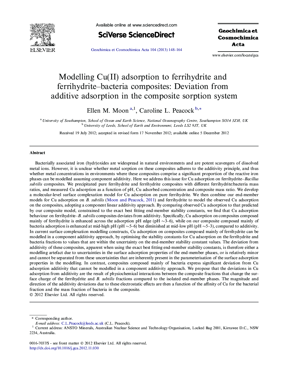 Modelling Cu(II) adsorption to ferrihydrite and ferrihydrite–bacteria composites: Deviation from additive adsorption in the composite sorption system