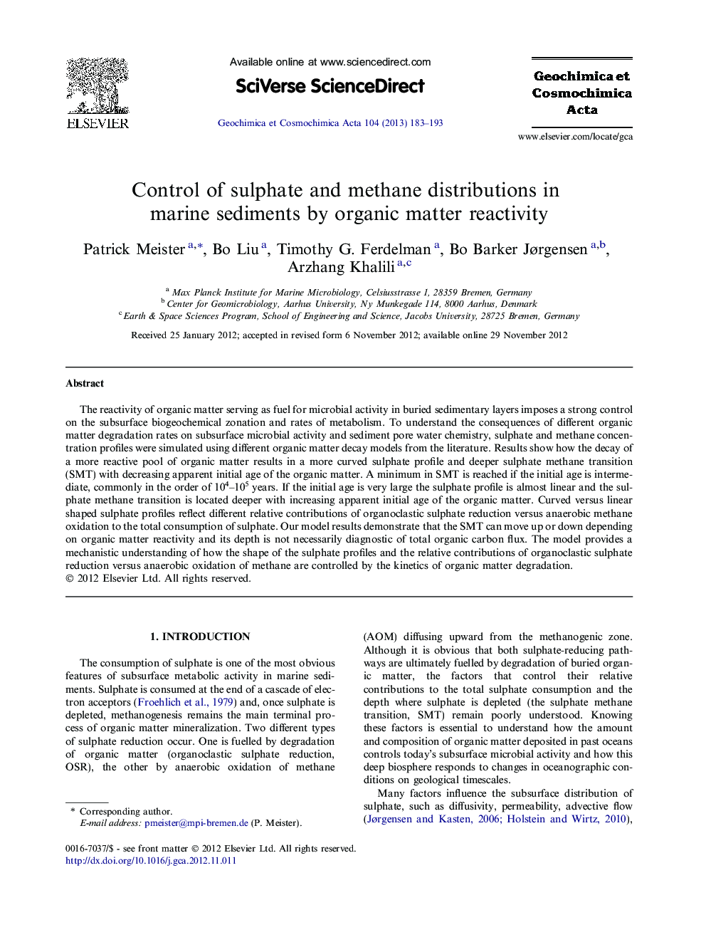 Control of sulphate and methane distributions in marine sediments by organic matter reactivity