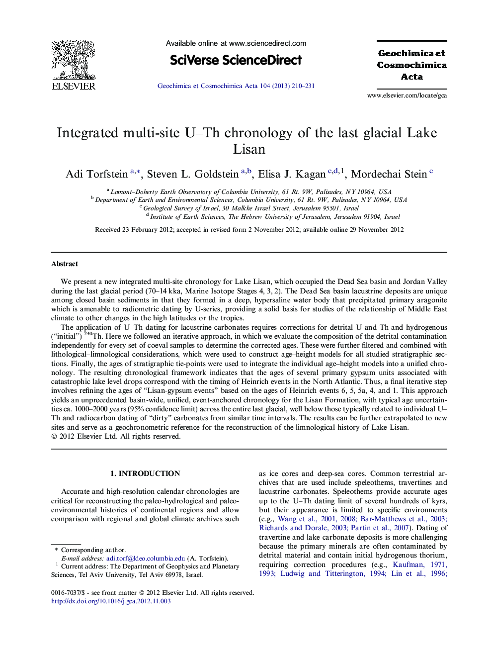 Integrated multi-site U–Th chronology of the last glacial Lake Lisan