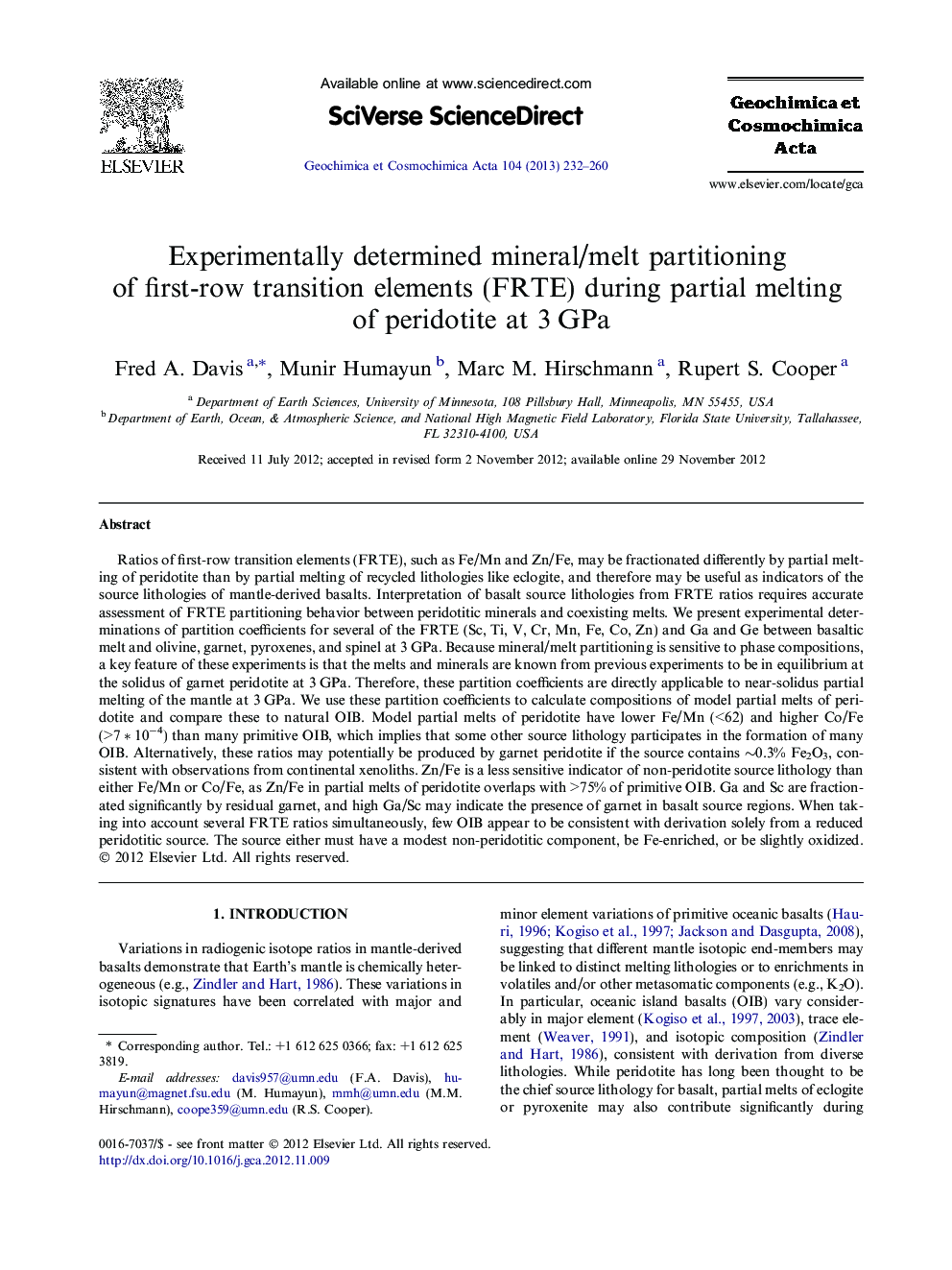 Experimentally determined mineral/melt partitioning of first-row transition elements (FRTE) during partial melting of peridotite at 3 GPa