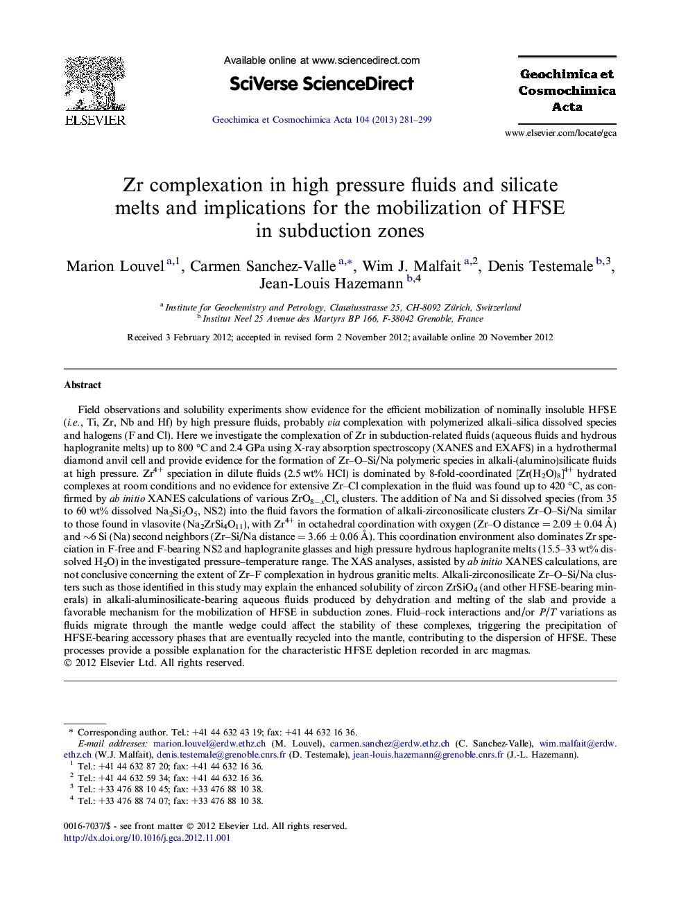 عکس صفحه اول مقاله: Zr complexation in high pressure fluids and silicate melts and implications for the mobilization of HFSE in subduction zones Zr complexation in high pressure fluids and silicate melts and implications for the mobilization of HFSE in subduction zones