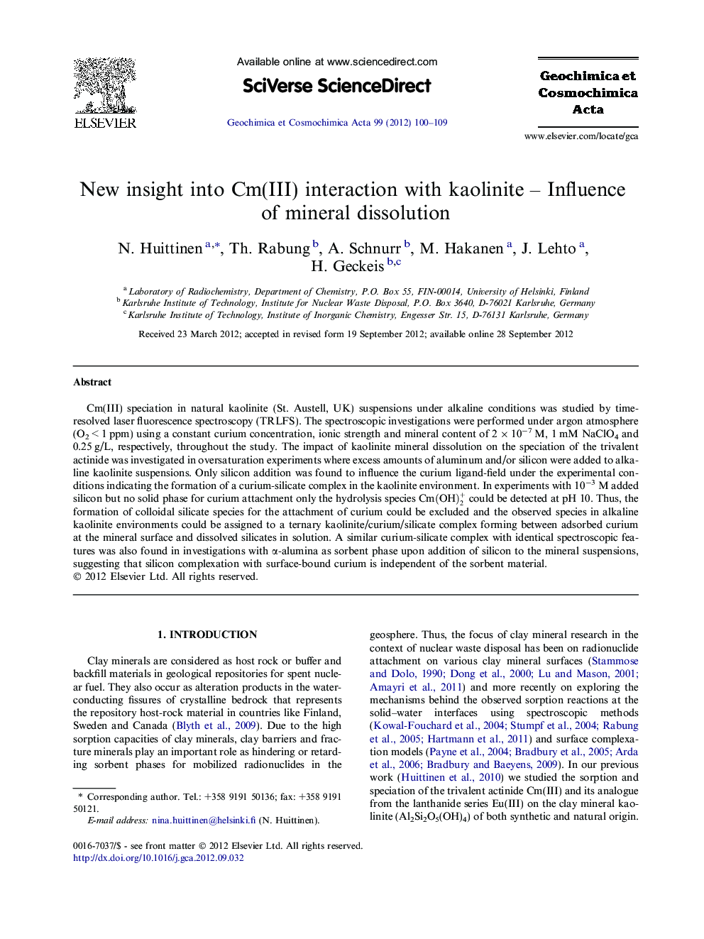 عکس صفحه اول مقاله: New insight into Cm(III) interaction with kaolinite – Influence of mineral dissolution New insight into Cm(III) interaction with kaolinite – Influence of mineral dissolution