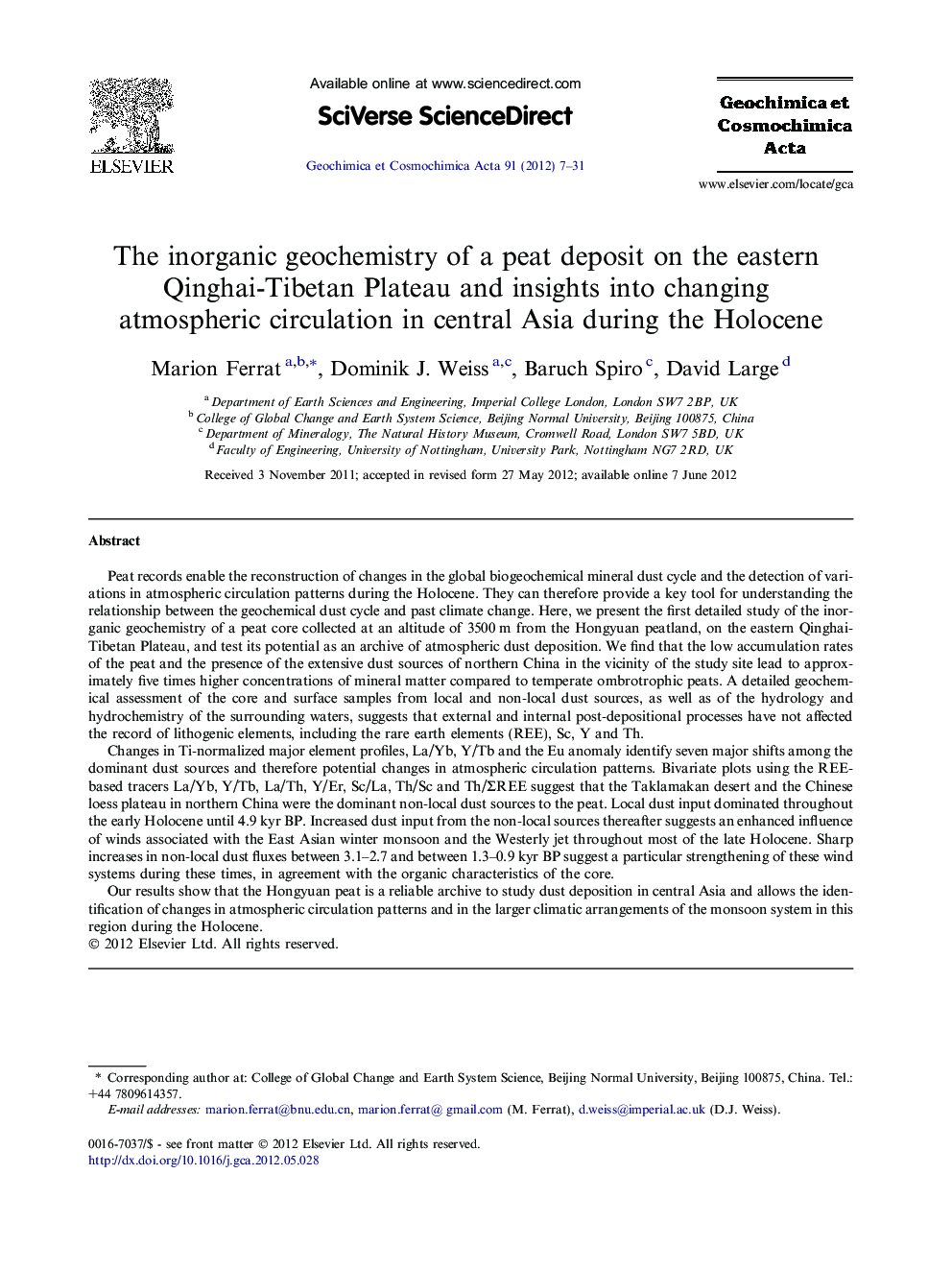 The inorganic geochemistry of a peat deposit on the eastern Qinghai-Tibetan Plateau and insights into changing atmospheric circulation in central Asia during the Holocene