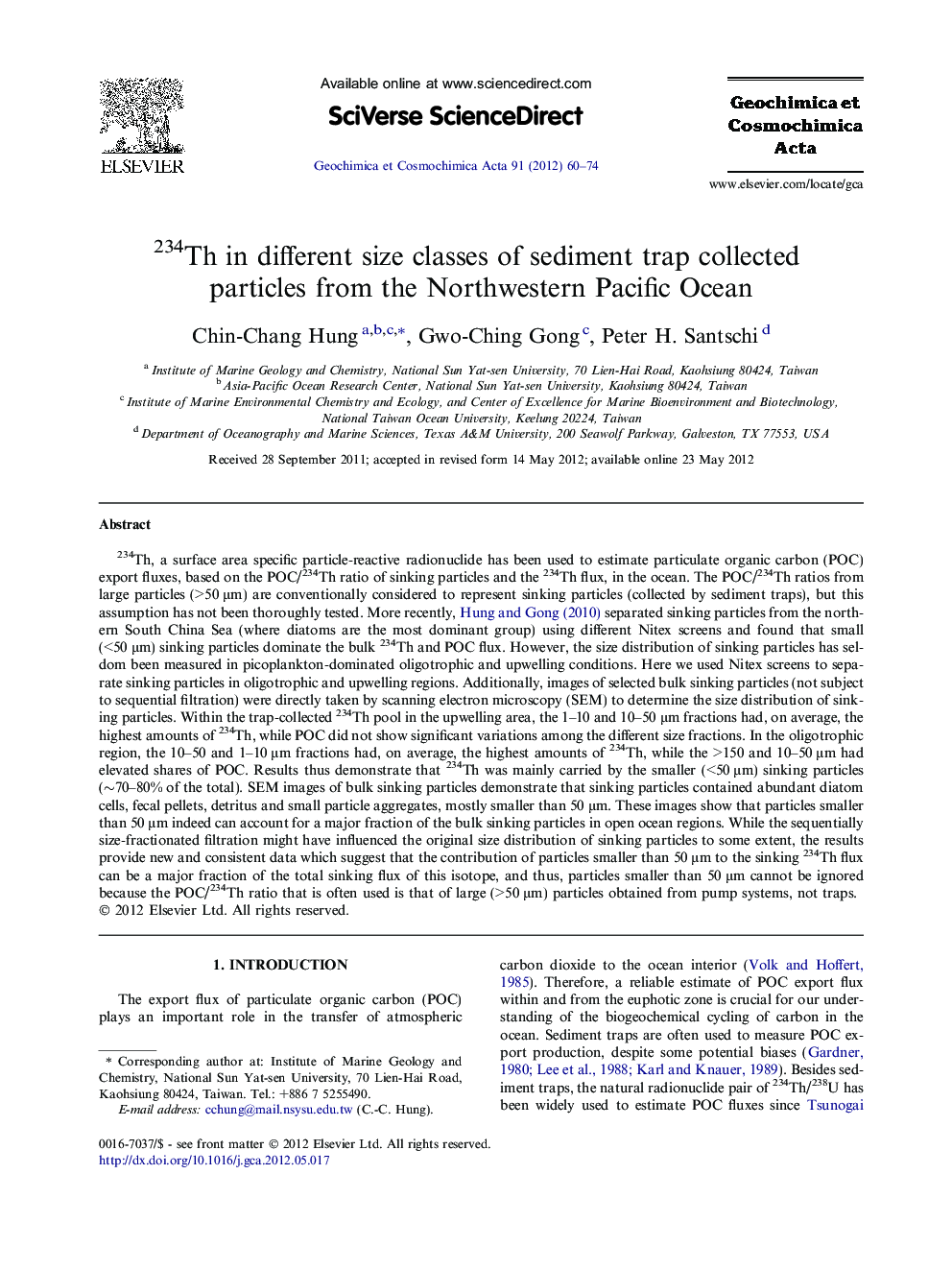 234Th in different size classes of sediment trap collected particles from the Northwestern Pacific Ocean