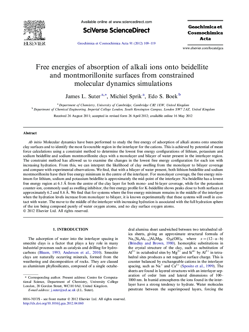 Free energies of absorption of alkali ions onto beidellite and montmorillonite surfaces from constrained molecular dynamics simulations