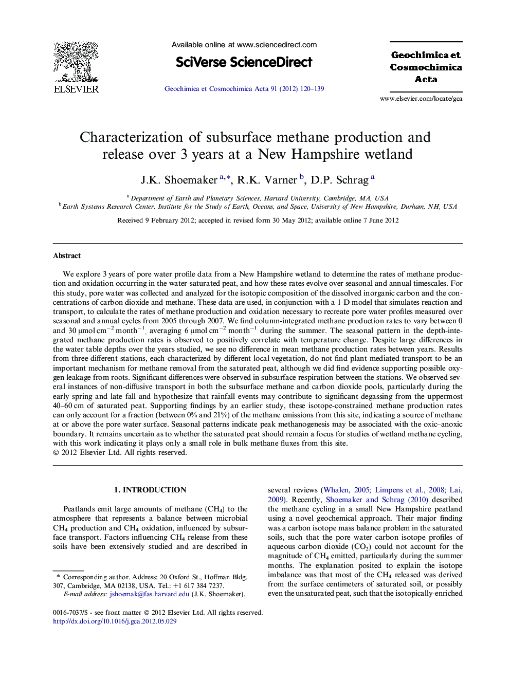 Characterization of subsurface methane production and release over 3Â years at a New Hampshire wetland