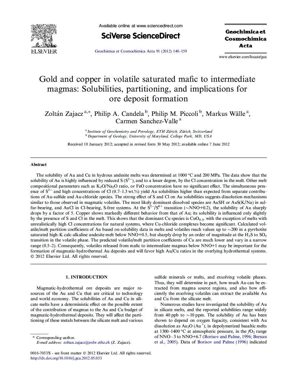 Gold and copper in volatile saturated mafic to intermediate magmas: Solubilities, partitioning, and implications for ore deposit formation