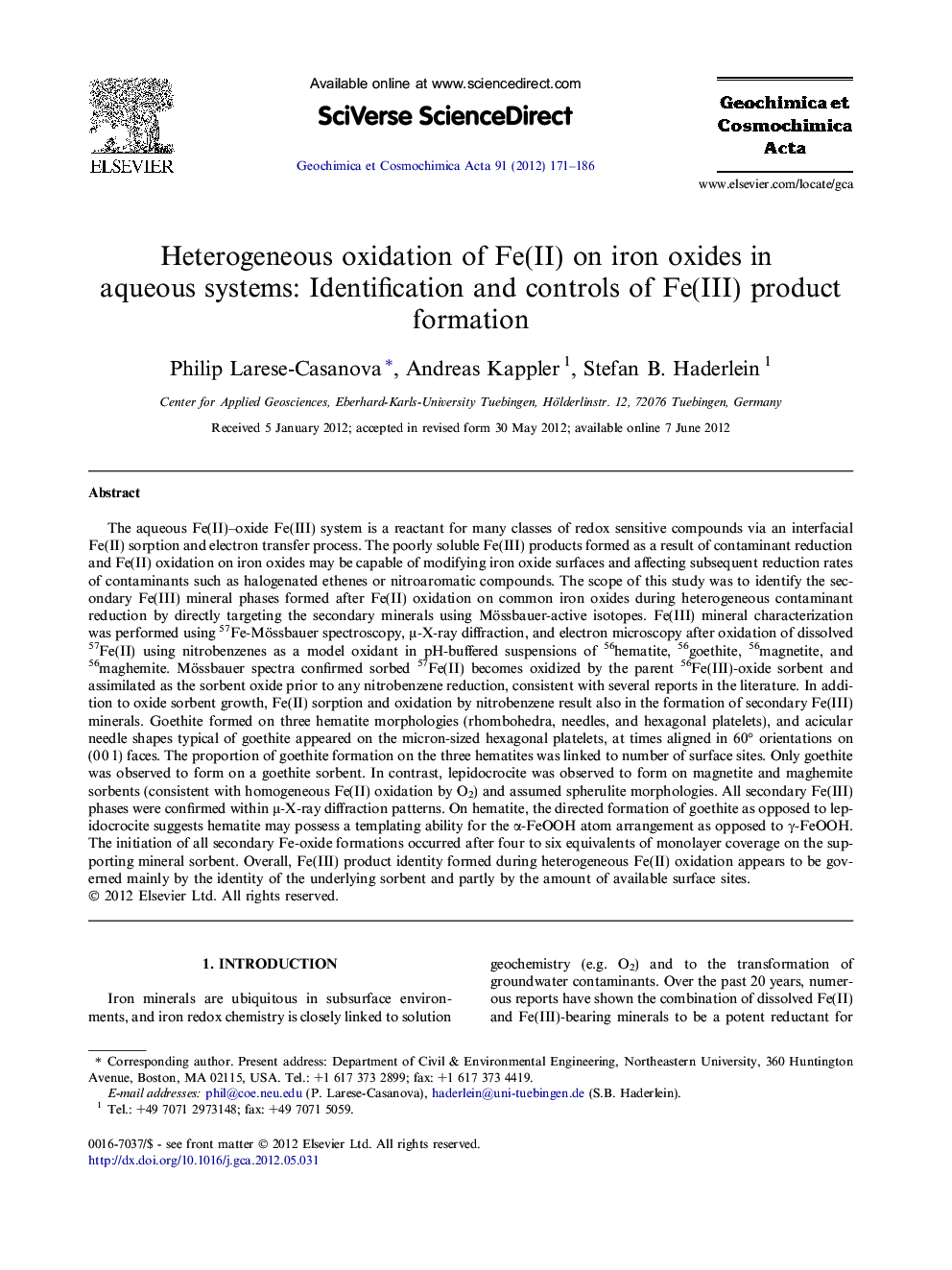 Heterogeneous oxidation of Fe(II) on iron oxides in aqueous systems: Identification and controls of Fe(III) product formation