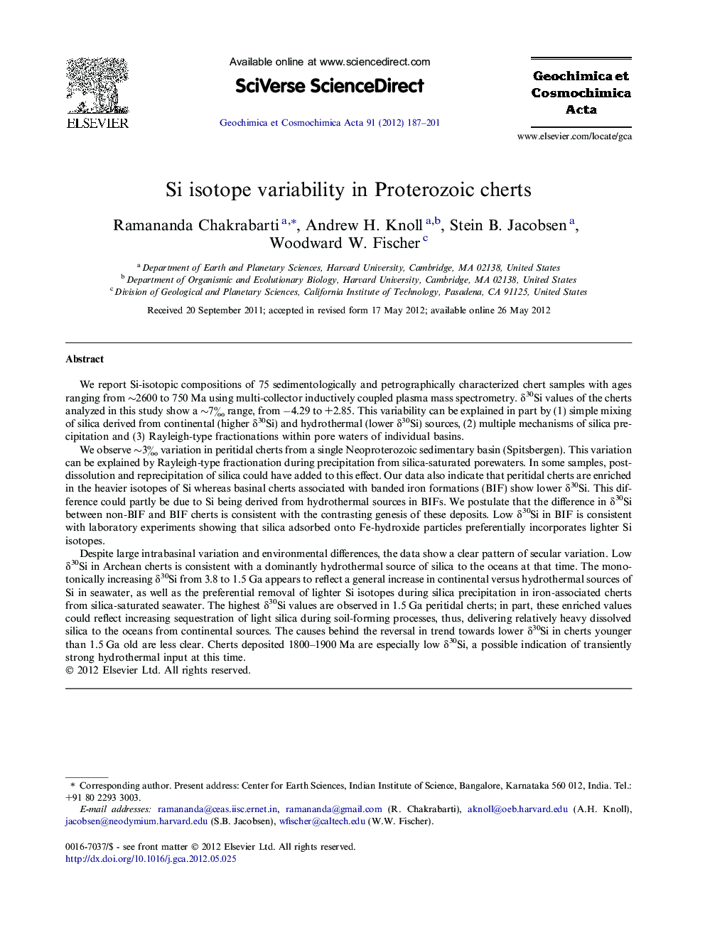 Si isotope variability in Proterozoic cherts