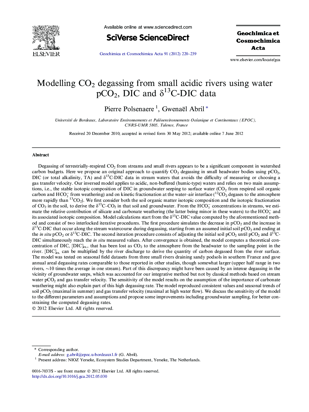 Modelling CO2 degassing from small acidic rivers using water pCO2, DIC and Î´13C-DIC data