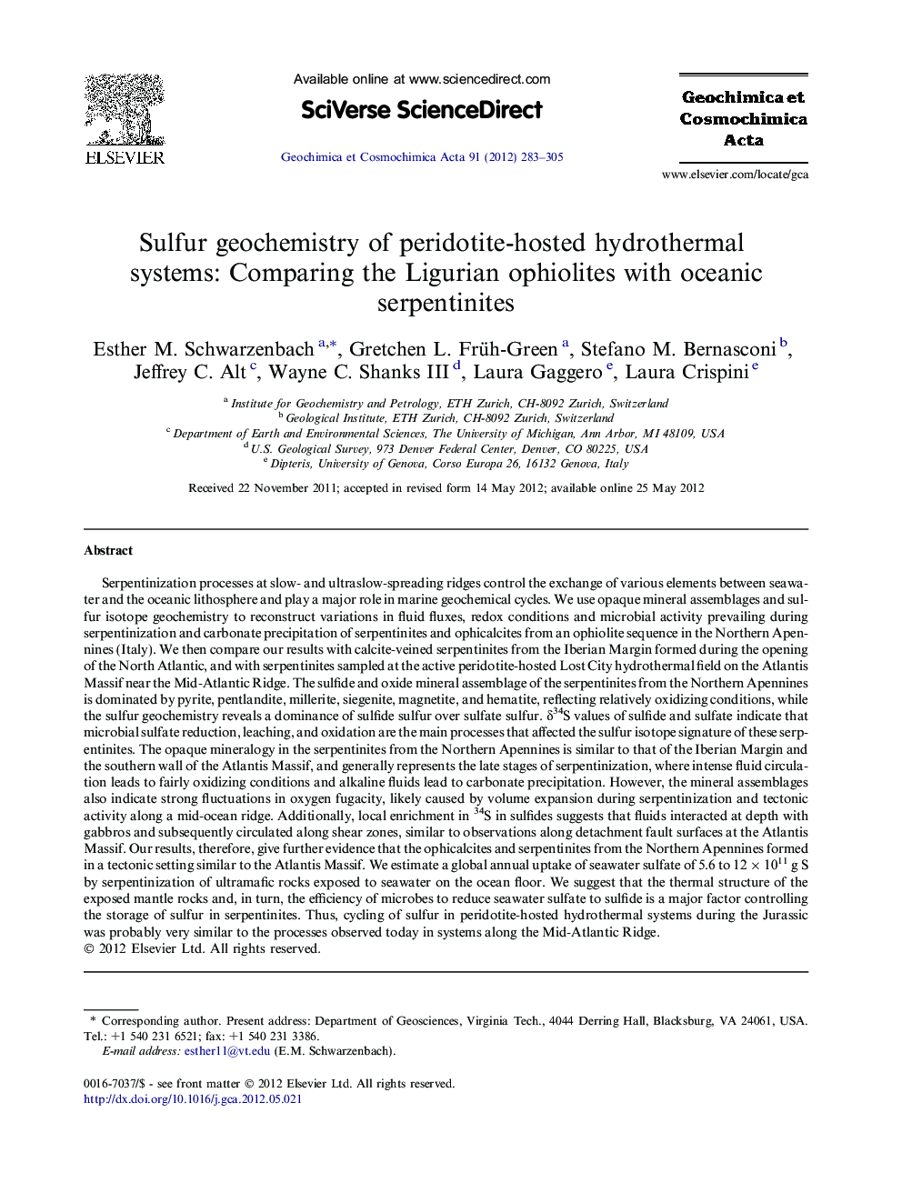 Sulfur geochemistry of peridotite-hosted hydrothermal systems: Comparing the Ligurian ophiolites with oceanic serpentinites