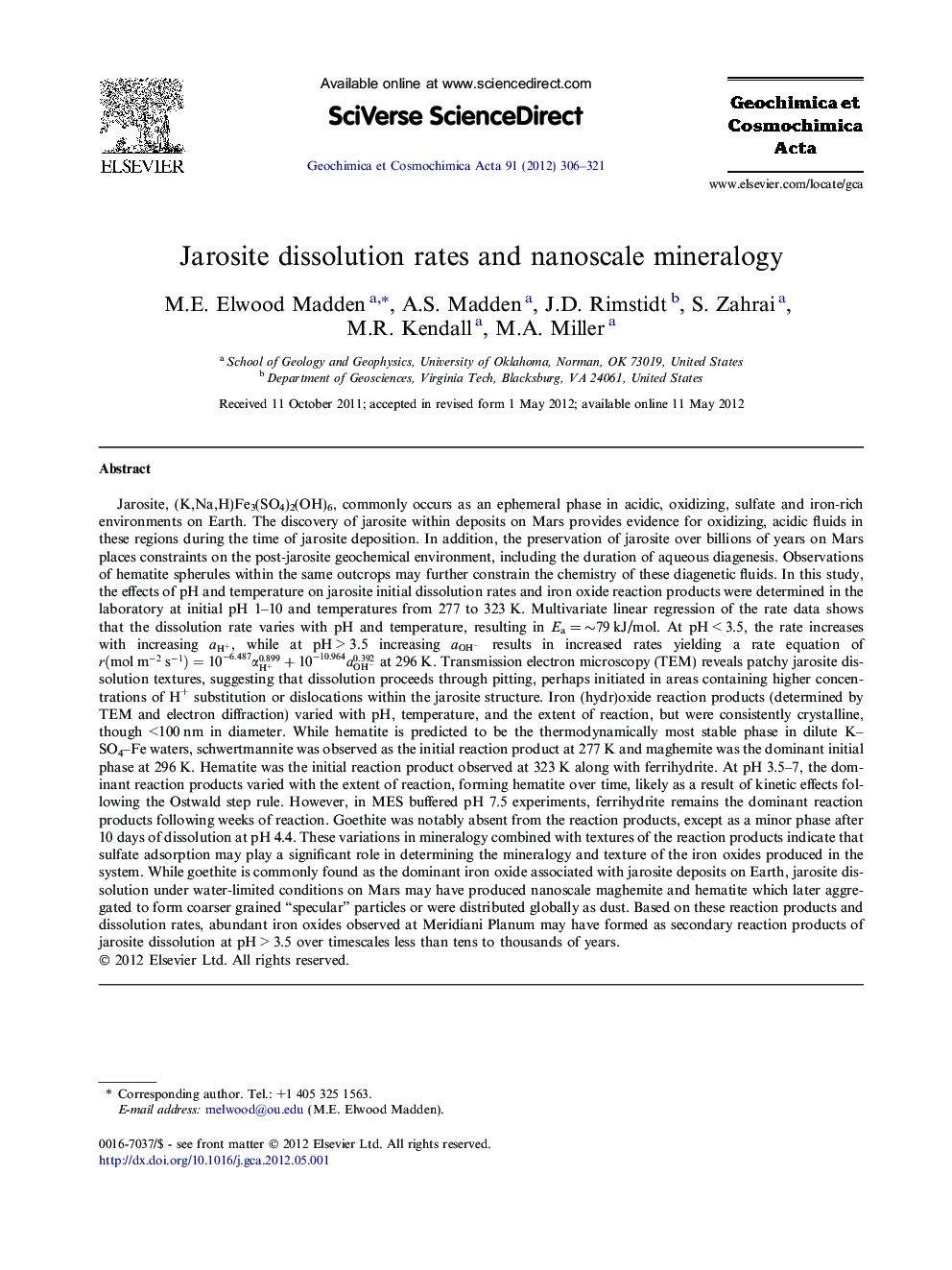 Jarosite dissolution rates and nanoscale mineralogy