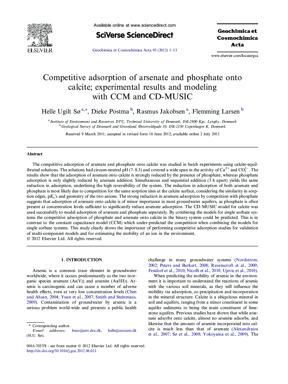 Competitive adsorption of arsenate and phosphate onto calcite; experimental results and modeling with CCM and CD-MUSIC