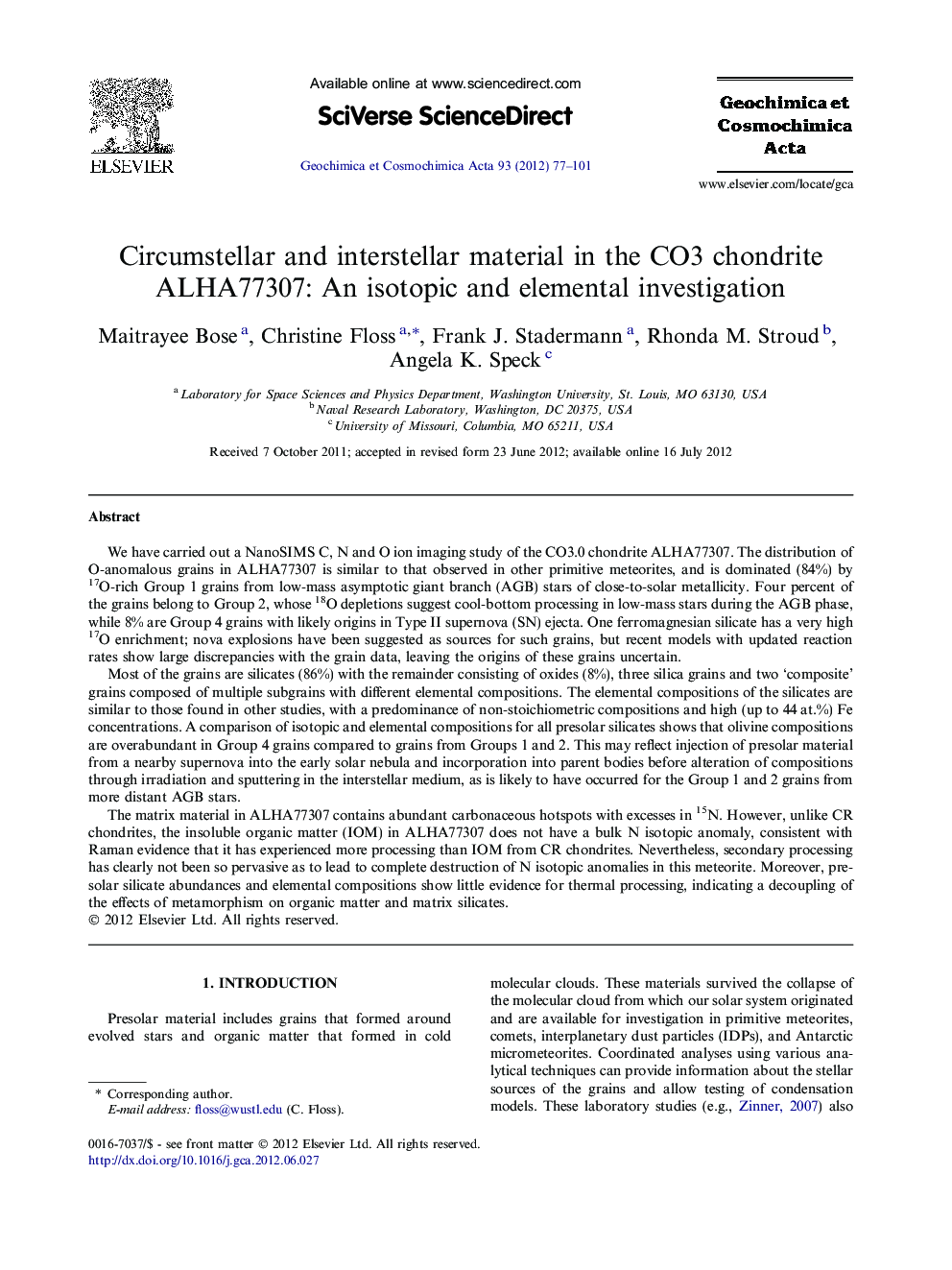 Circumstellar and interstellar material in the CO3 chondrite ALHA77307: An isotopic and elemental investigation