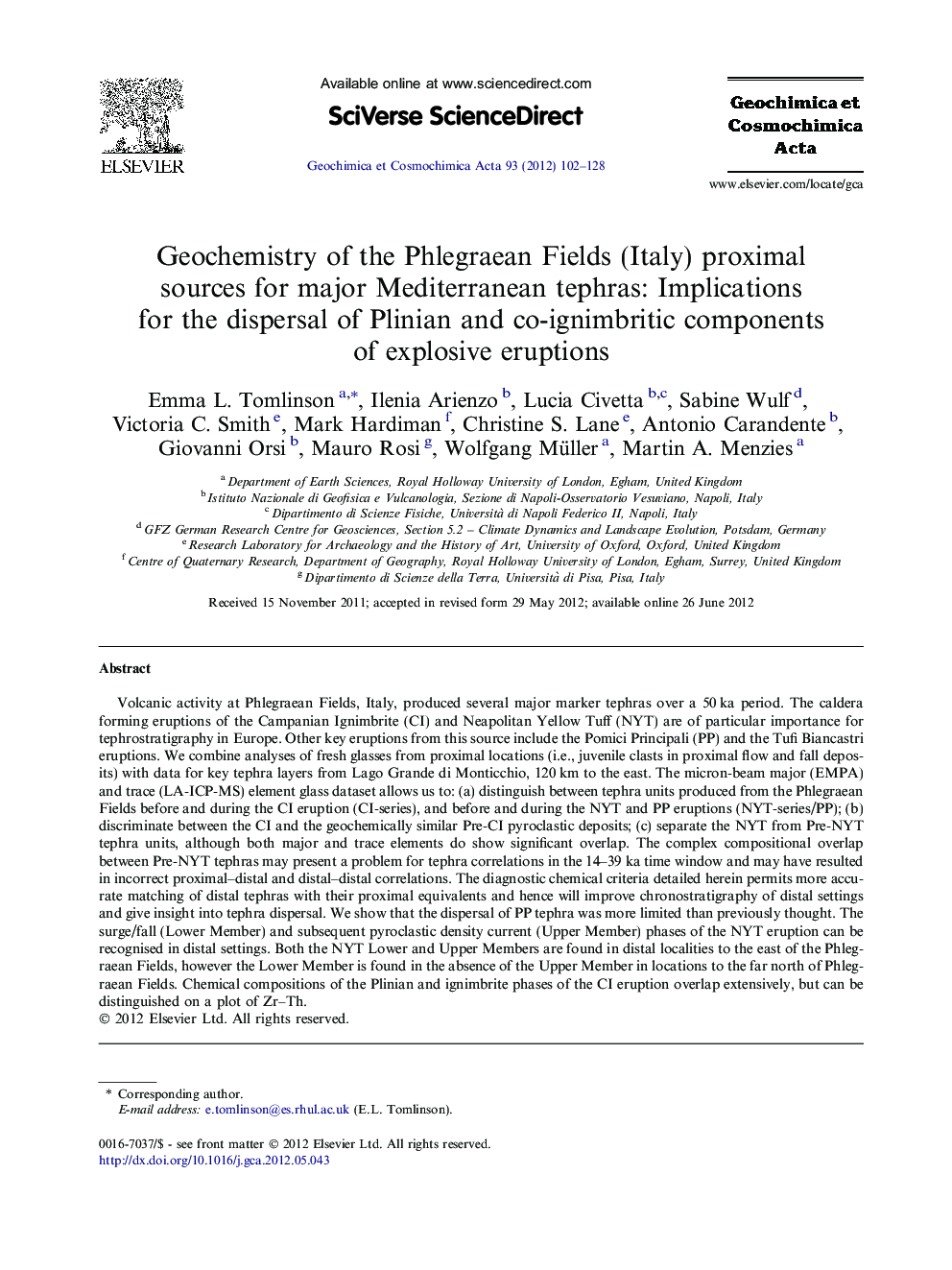 Geochemistry of the Phlegraean Fields (Italy) proximal sources for major Mediterranean tephras: Implications for the dispersal of Plinian and co-ignimbritic components of explosive eruptions