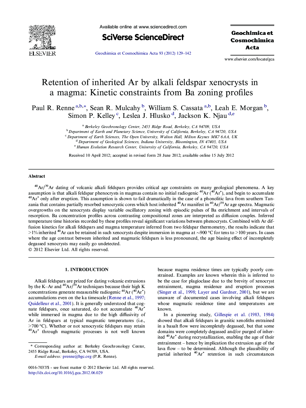 Retention of inherited Ar by alkali feldspar xenocrysts in a magma: Kinetic constraints from Ba zoning profiles