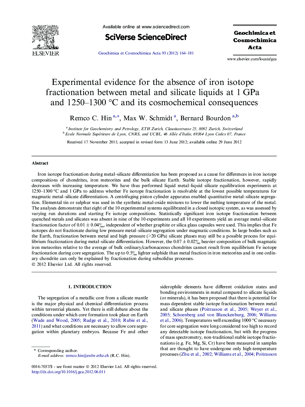 Experimental evidence for the absence of iron isotope fractionation between metal and silicate liquids at 1 GPa and 1250–1300 °C and its cosmochemical consequences