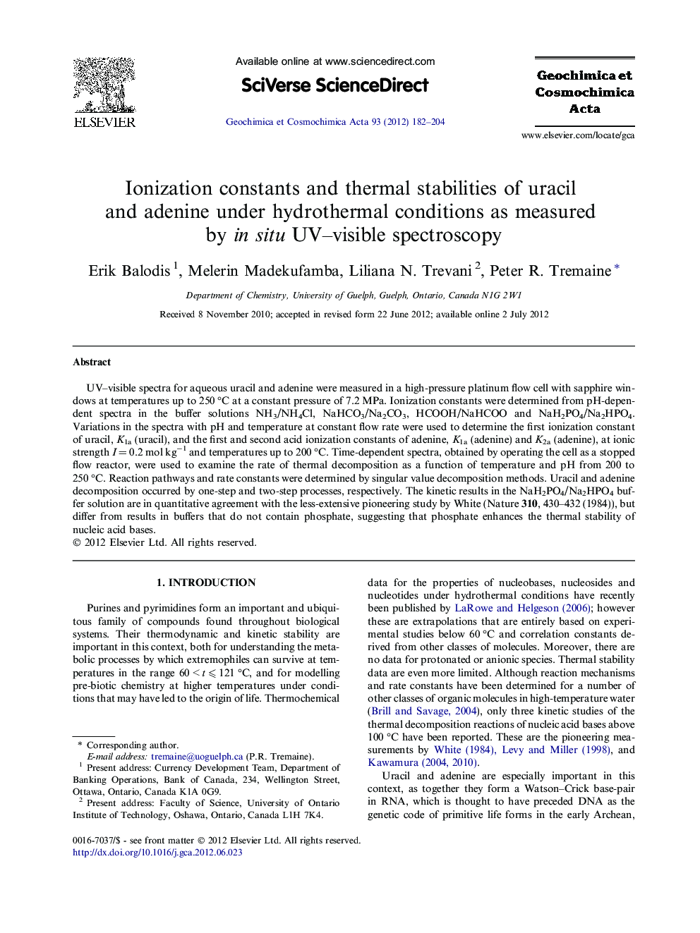 Ionization constants and thermal stabilities of uracil and adenine under hydrothermal conditions as measured by in situ UV–visible spectroscopy