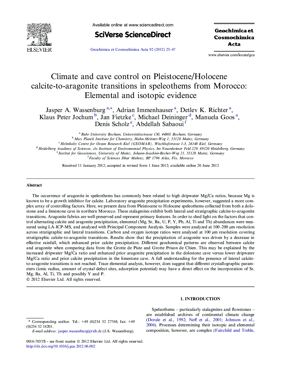 عکس صفحه اول مقاله: Climate and cave control on Pleistocene/Holocene calcite-to-aragonite transitions in speleothems from Morocco: Elemental and isotopic evidence Climate and cave control on Pleistocene/Holocene calcite-to-aragonite transitions in speleothems from Morocco: Elemental and isotopic evidence